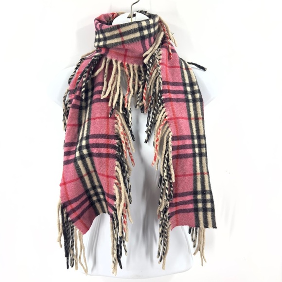 Burberry Happy Fringe Scarf Pink Black Nova Check Plaid Wool Cashmere Blend - Picture 3 of 7